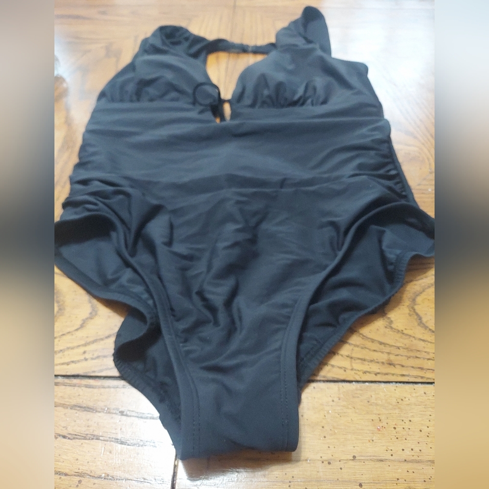 Black One-Piece Swimsuit with V-Neck Detail - Women Swim